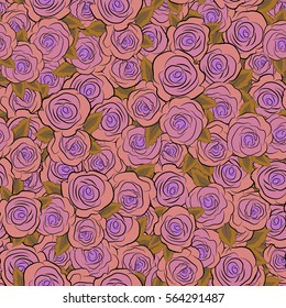 Seamless floral pattern in violet colors. Motley roses with a band of flowers. Watercolor painting seamless pattern.