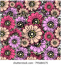 Seamless floral pattern violet, flower, pink, black outlines stock vector illustration