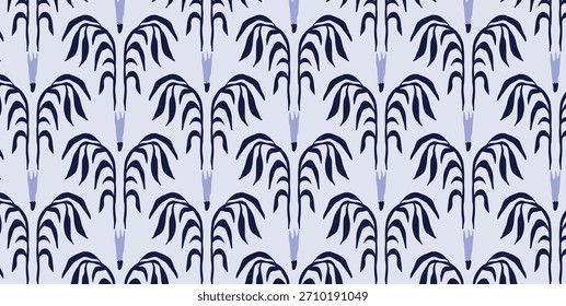 Nahtloses Blumenmuster mit violetten Blüten und eleganten biegeweichen Marineblättern. Modernes botanisches Ornament zum Verpacken von Papier, Stoff und Werbebannerdesign