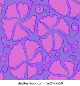 Seamless floral pattern with violet hibiscus flowers, watercolor. Vector illustration. Vector flower illustration. Seamless pattern with floral motif.