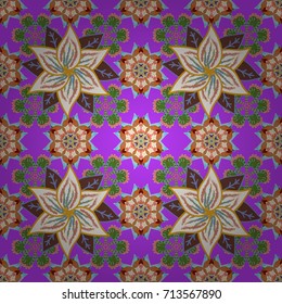 Seamless floral pattern with violet, neutral and green flowers, watercolor. Vector flower illustration. Seamless pattern with floral motif.