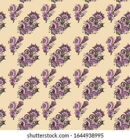 Seamless floral pattern. Violet patterns on a light yellow background. Stock illustration. Vintage art, folk painting. Design for wallpaper, fabric, textile, packaging.