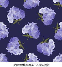 Seamless floral pattern with violet phlox on dark blue background.  Vector illustration.