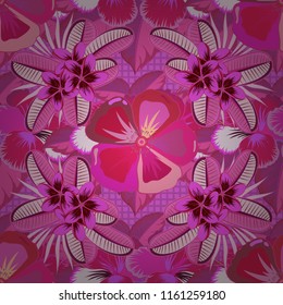 Seamless floral pattern in violet, pink and magenta colors with motley plumeria flowers. Vector illustration.