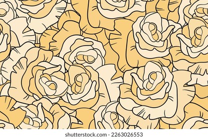 Seamless floral pattern with violet roses. Cartoon style. Design for fabric, textile, paper. Colorful flowers on color background. Vector illustration on traditional folk art ornaments.