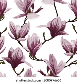 Patrón floral sin foco con flores de magnolia tropical violeta se ramifican sobre fondo blanco. Diseño de plantilla para textiles, interiores, ropa, papel pintado. Arte botánico. Estilo de grabado.