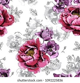 Seamless floral pattern. Violet Tulips flowers and big Pink Peony on a monochrome gray background. Vector illustration.