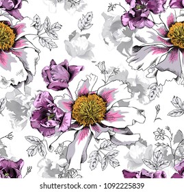 Seamless floral pattern. Violet Tulips flowers and big White Peony on a monochrome gray background. Vector illustration.