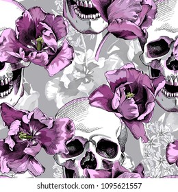 Seamless floral pattern. Violet Tulips flowers and skulls on a monochrome gray background. Vector illustration.