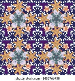 Seamless floral pattern in violet, white and orange colors with motley flowers. Vector illustration.