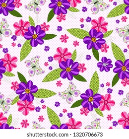 Seamless floral pattern with vivid flowers and butterflies and translucent polka dots, vector, eps 10