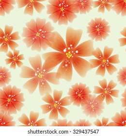 Seamless floral pattern in vivid orange color. Abstract sparkling flowers on light background. Vector illustration