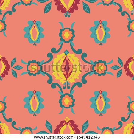 Seamless floral pattern with vulva. Flat hand drawn feminism illustration. Abstract vintage background.