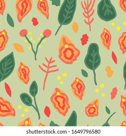 Patrón floral sin soldadura con vulva, hojas, bayas. Ilustración feminista dibujada a mano plana. Abstracto y bonito fondo.