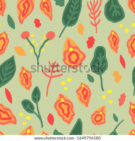 Seamless floral pattern with vulva, leafs, berries. Flat hand drawn feminism illustration. Abstract cute background.