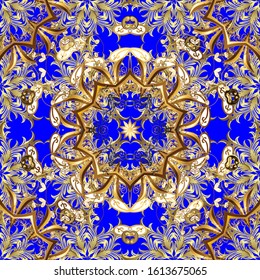 Seamless floral pattern. Wallpaper baroque, damask. Graphic modern seamless pattern on yellow, brown and blue colors. Seamless vector background.