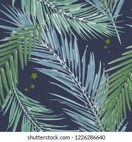 Seamless floral pattern. Wallpaper of tropical leaves on a dark blue background.