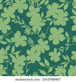 Seamless floral pattern . Wallpaper with wild flowers silhouette on green background. Vector illustration