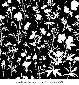 Seamless floral pattern . Wallpaper with wild flowers silhouette on green background. Vector illustration