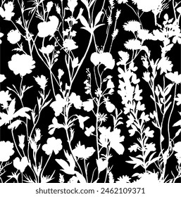 Patrón floral sin costuras . Fondo de pantalla con flores silvestres silueta de plantas blancas sobre fondo negro. Ilustración vectorial