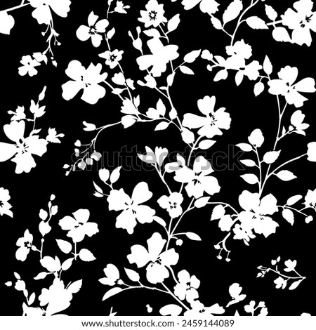 Seamless floral pattern . Wallpaper with wild flowers silhouette on black background. Vector allover illustration for fashion, interior and surface design.