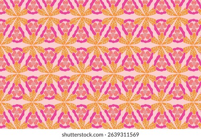 Seamless floral pattern with warm orange leaves and pink blossoms, perfect for spring textiles, wallpapers, and feminine designs.