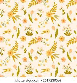Seamless floral pattern in warm pastel colours with tulips, daisies, twigs and decorative leaves. Ideal for packaging, textiles, cards, invitations
