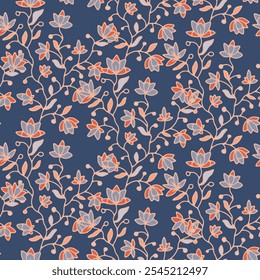 Seamless floral pattern in warm tones with detailed botanical elements. Vector illustration suitable for fabric, wallpaper, and art projects.