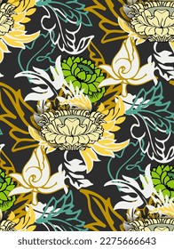 Seamless floral pattern with water lily on the dark dark grey background