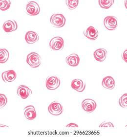 Seamless floral pattern with watercolor abstract pink roses. Handdrawn background with dots or circles for design of wedding or greeting cards, invitations or flyers.