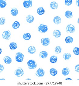 Seamless floral pattern with watercolor abstract blue roses. Handdrawn background with dots or circles for design of wedding or greeting cards, invitations or flyers.