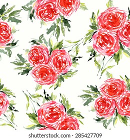 Seamless floral pattern. Watercolor floral background with red roses.