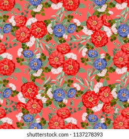 Seamless floral pattern. Watercolor design. Garden zinnia flower, eucalyptus branch, green thyme, greenery leaves, agapanthus. Fashionable background print for textile, wallpaper, pattern fills.