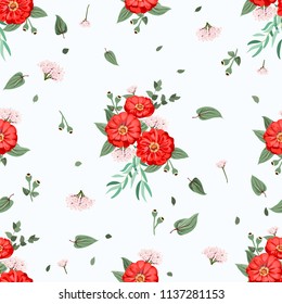 Seamless floral pattern. Watercolor design. Garden zinnia flower, eucalyptus branch, green thyme, greenery leaves, agapanthus. Fashionable background print for textile, wallpaper, pattern fills.