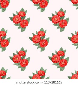 Seamless floral pattern. Watercolor design. Garden zinnia flower, eucalyptus branch, green thyme, greenery leaves, agapanthus. Fashionable background print for textile, wallpaper, pattern fills.