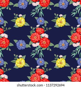 Seamless floral pattern. Watercolor design. Garden zinnia flower, eucalyptus branch, green thyme, greenery leaves, agapanthus. Fashionable background print for textile, wallpaper, pattern fills.