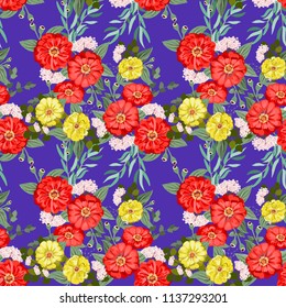 Seamless floral pattern. Watercolor design. Garden zinnia flower, eucalyptus branch, green thyme, greenery leaves, agapanthus. Fashionable background print for textile, wallpaper, pattern fills.