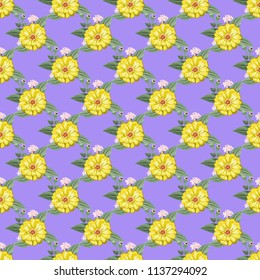 Seamless floral pattern. Watercolor design. Garden zinnia flower, eucalyptus branch, green thyme, greenery leaves, agapanthus. Fashionable background print for textile, wallpaper, pattern fills.
