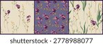 Seamless floral pattern, watercolor ditsy print in vintage motif. Delicate botanical design collection of small hand drawn twigs, tiny purple flowers, leaves, cute wild plants. Vector illustration.