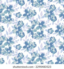 Seamless floral pattern, watercolor ditsy print with rustic motif. Delicate botanical design with hand drawn plants: small blue flowers, leaves, bouquets on a white background. Vector illustration.