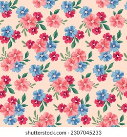 Seamless floral pattern, watercolor ditsy print with cute rustic flowers. Pretty botanical surface design: small hand drawn flowers, tiny leaves on a light background. Vector illustration.