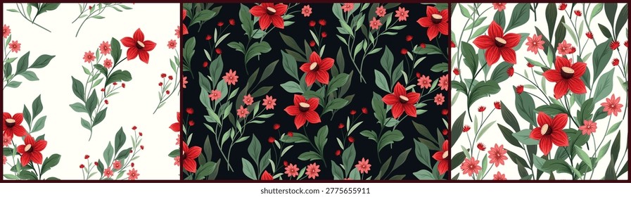 Seamless floral pattern, watercolor ditsy print of hand drawn wild plants. Elegant botanical design in vintage style, small red flowers, green leaves, bouquets in an abstract. Vector illustration.