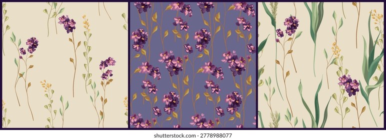 Seamless floral pattern, watercolor ditsy print in vintage motif. Delicate botanical design collection of small hand drawn twigs, tiny purple flowers, leaves, cute wild plants. Vector illustration.