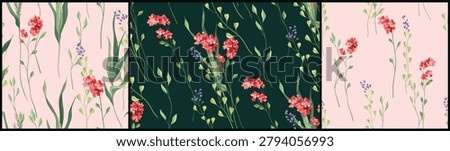 Seamless floral pattern, watercolor ditsy print of hand drawn summer plants. Elegant botanical design set, small red wild flowers, tiny green leaves, thin twigs, herbs abstract. Vector illustration.