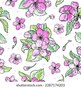 Seamless floral pattern with watercolor effect. Cherry or apple aquarell pattern for textile, fabric, wrapping. Beautiful female background