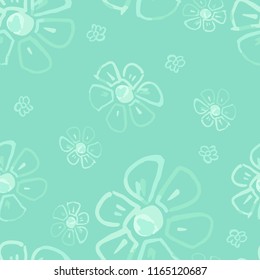 Seamless floral pattern with watercolor flowers in vintage style. Monochrome illustration on green background.