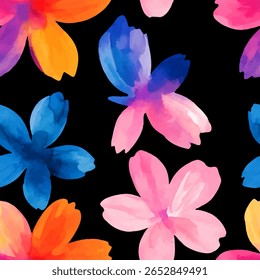 Seamless floral pattern with watercolor flowers in pink, blue, and orange tones on a black background. Vibrant and artistic design perfect for fabric, packaging, wallpapers, and digital projects.