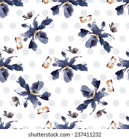 Seamless floral pattern watercolor irises and circles, the style of oriental traditional painting.