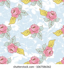 Seamless floral pattern with watercolor rose on leaves Vector Illustration