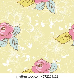 Seamless floral pattern with watercolor rose on leaves Vector Illustration EPS8